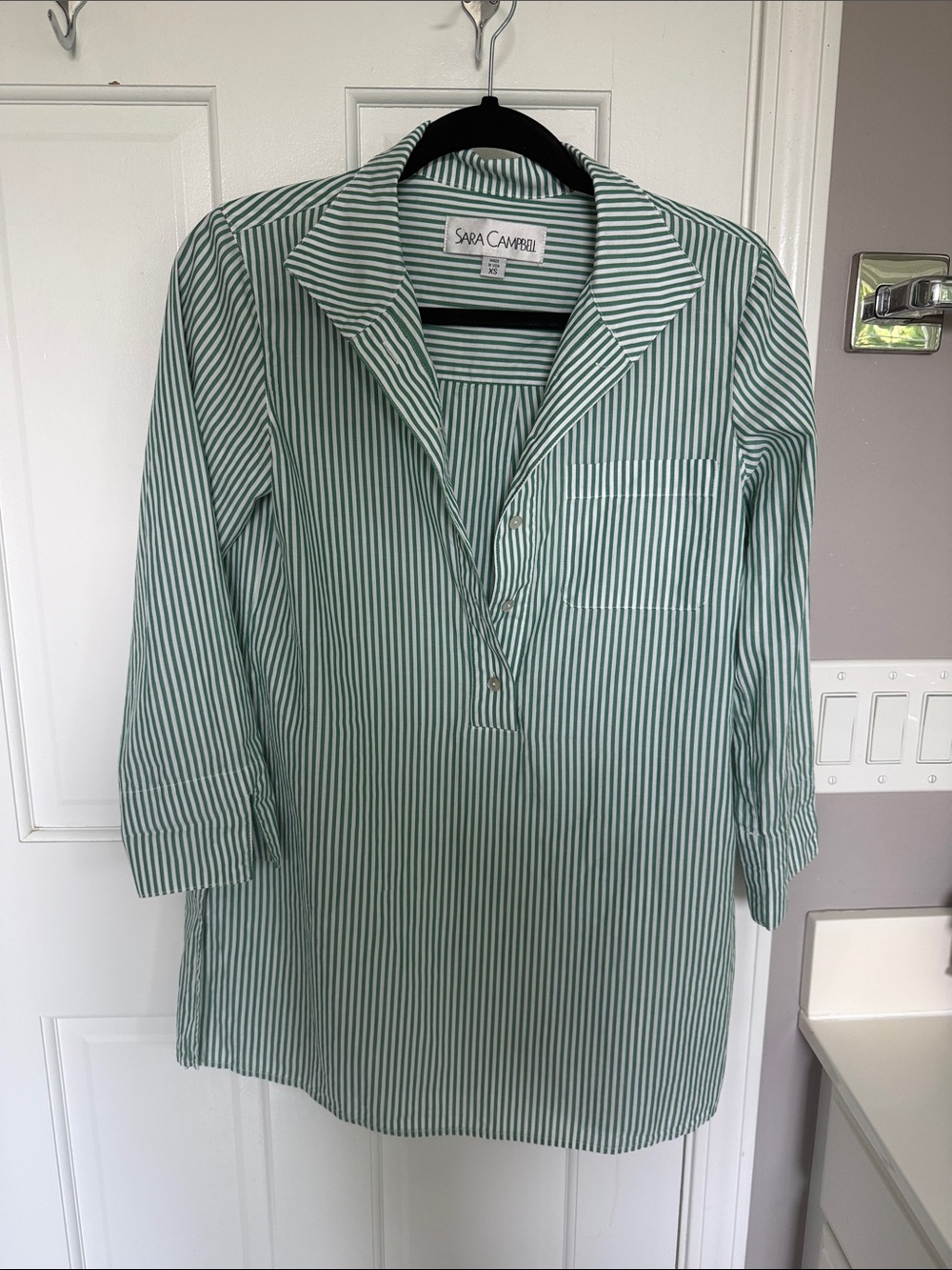 Sara Campbell Poplin Cotton Green Stripe Popover Tunic Top Blouse 3/4 sleeve